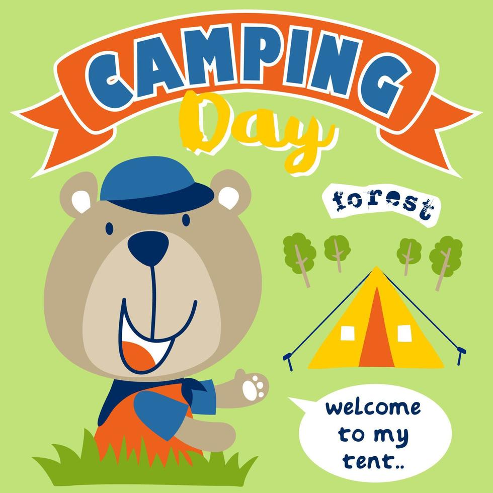 Vector cartoon of bear in scout costume with tent at camping day event