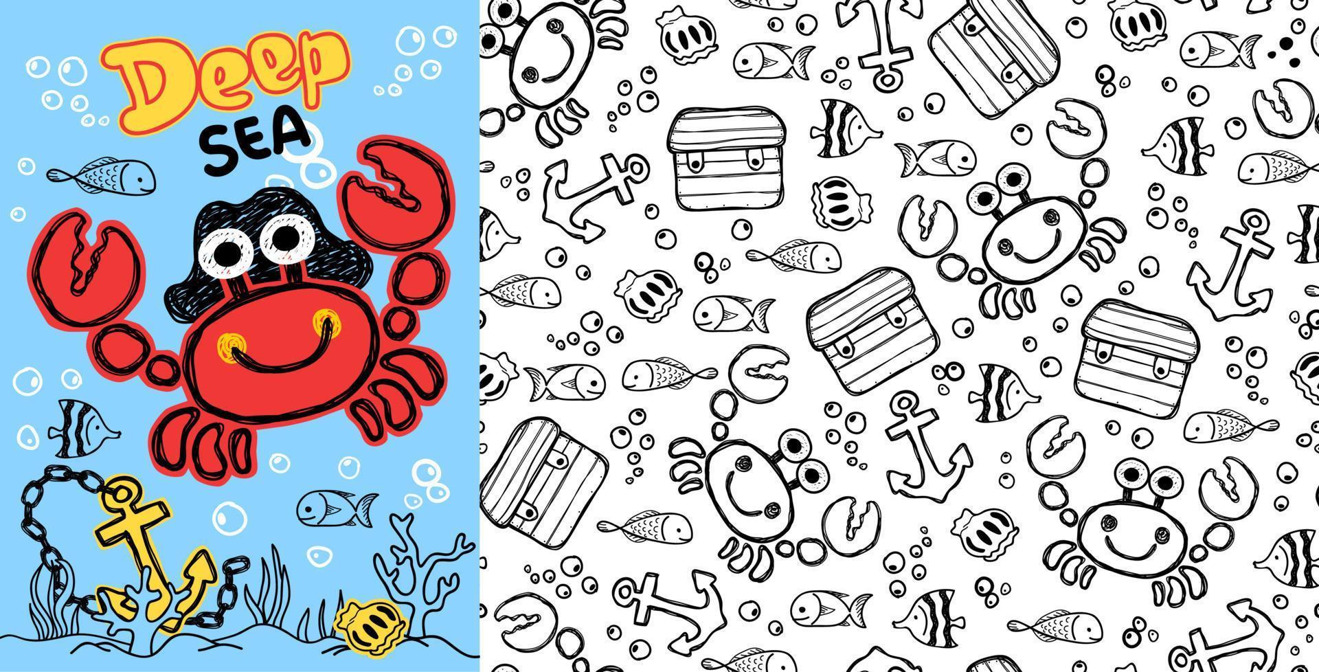 Seamless pattern vector of funny crab cartoon wearing pirate hat with marine life illustration.