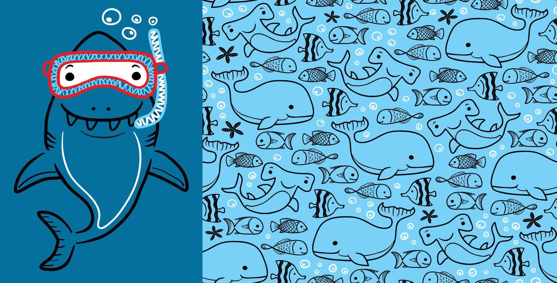 Seamless pattern vector of marine animals cartoon with funny shark wearing diving goggles