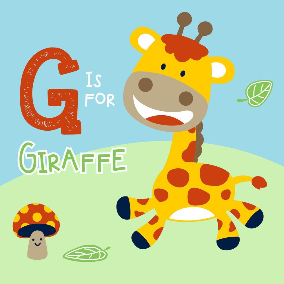 Cute giraffe with it name, smiling mushroom,  vector cartoon illustration