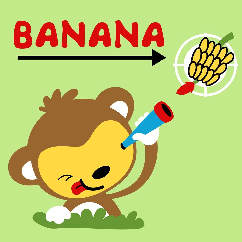 Vector cartoon of cute monkey holding binocular looking at banana