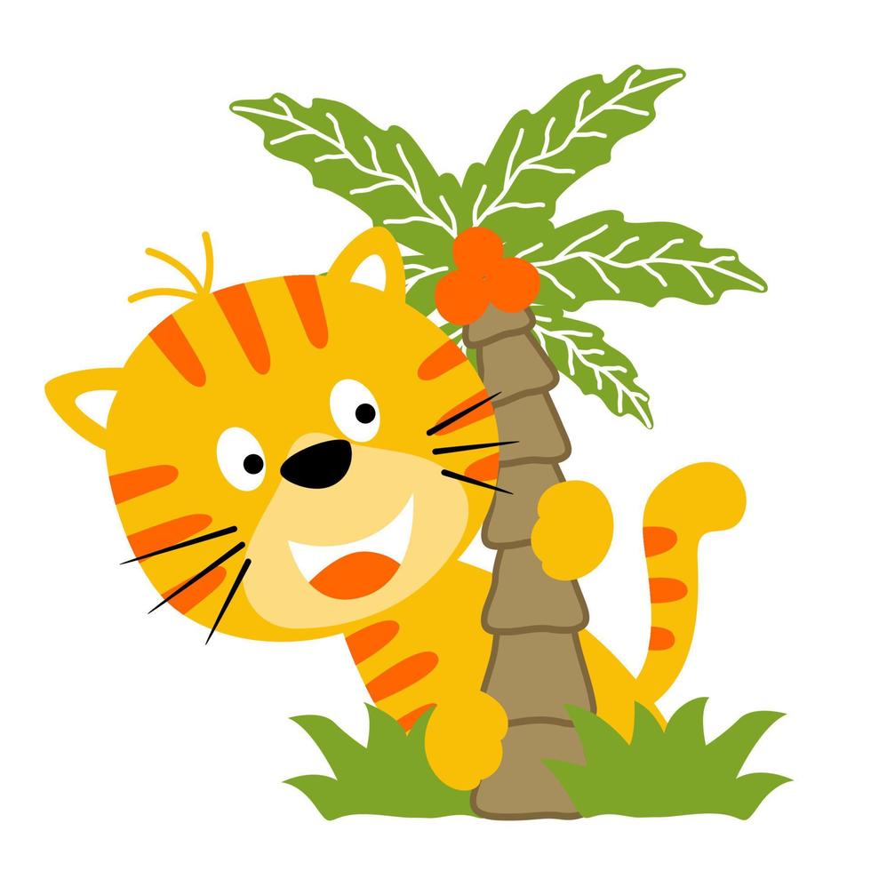 Vector cartoon of little cat hiding in palm tree