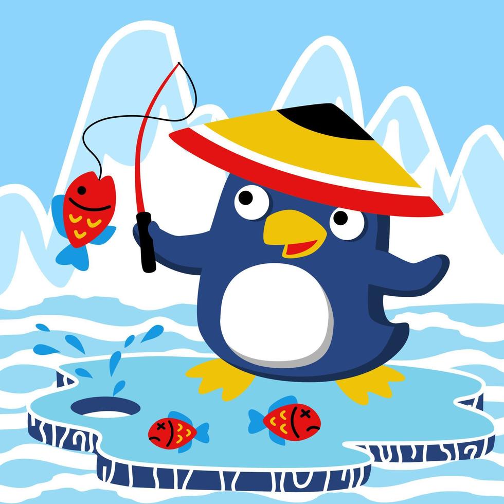 lindo pingüino con sombrero cónico asiático pesca, ilustración de dibujos animados vectoriales vector