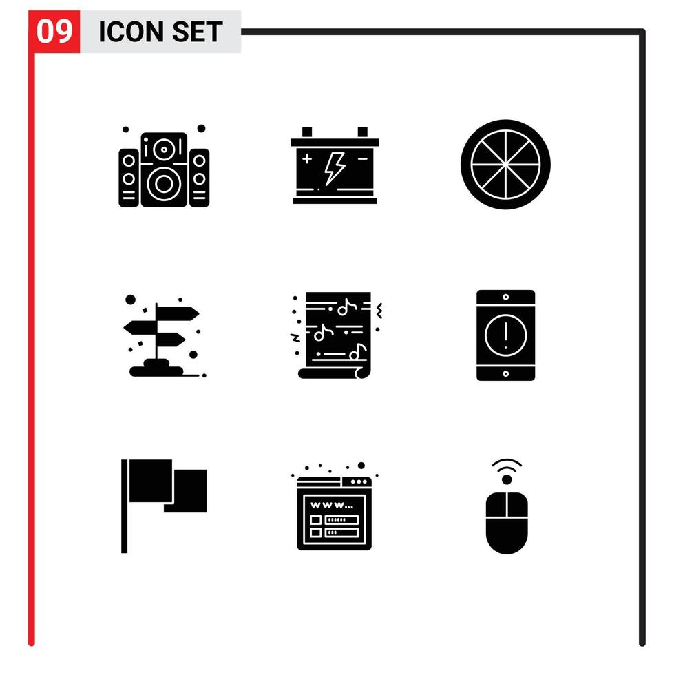 conjunto moderno de 9 pictogramas de glifos sólidos de elementos de diseño vectorial editables de flecha de ubicación de comida de puntero divertido vector