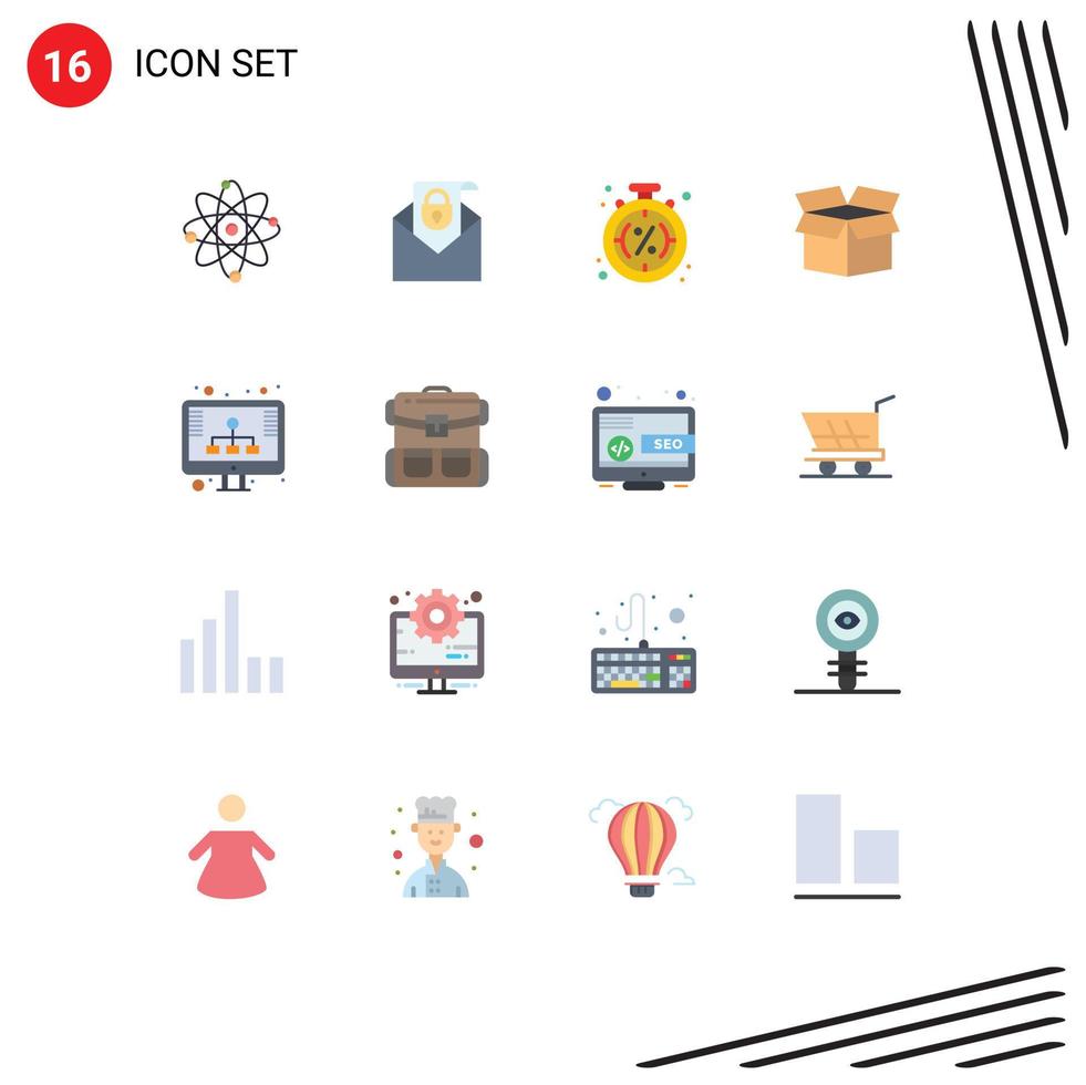 conjunto moderno de 16 colores planos pictograma de producto de alojamiento descuento compras de carga paquete editable de elementos de diseño de vectores creativos