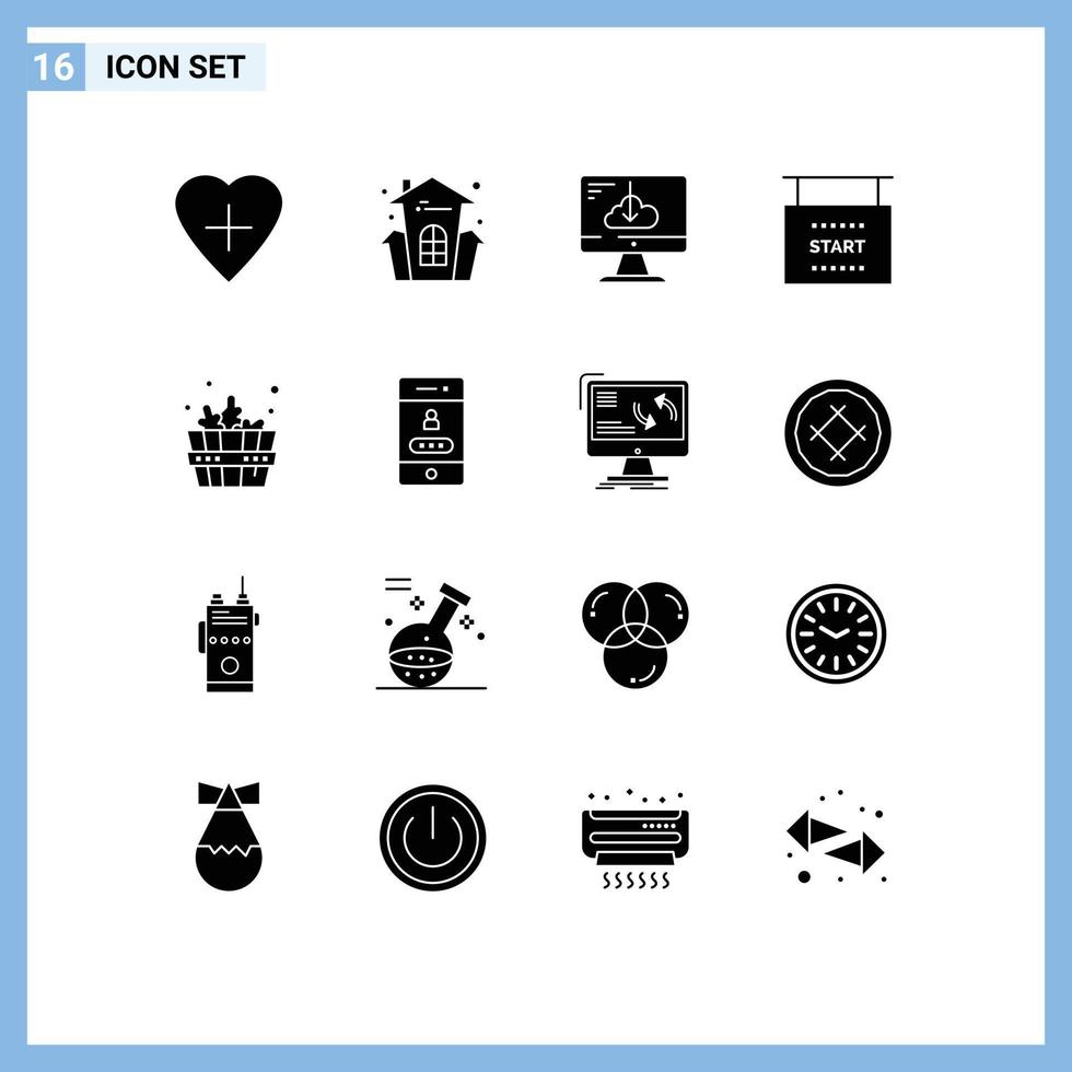 Universal Icon Symbols Group of 16 Modern Solid Glyphs of sauna start download races flag Editable Vector Design Elements