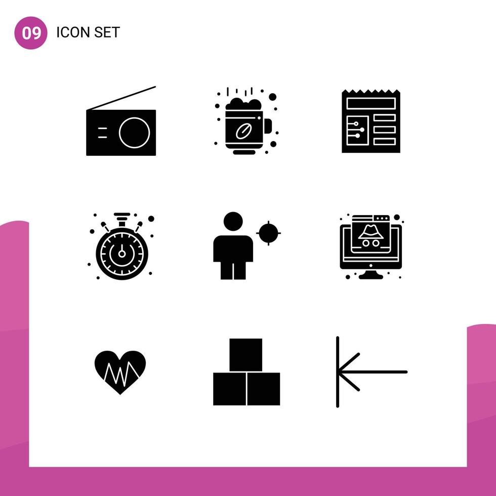 Set of 9 Modern UI Icons Symbols Signs for location body document avatar time Editable Vector Design Elements