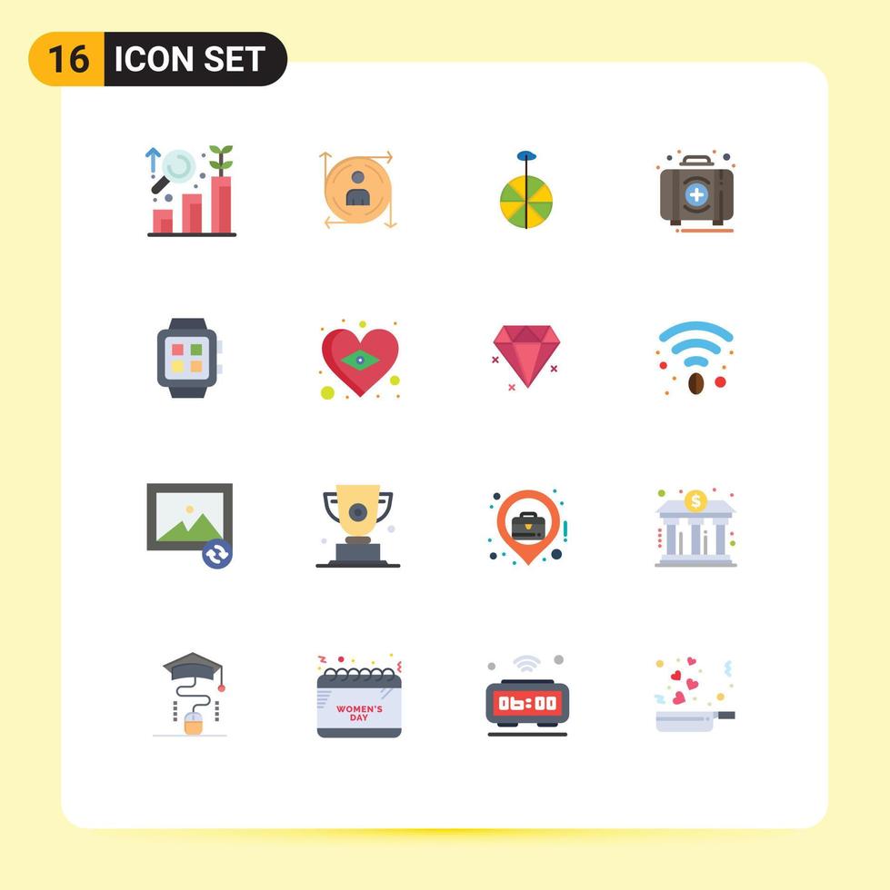 conjunto moderno de 16 colores planos y símbolos, como el kit de rueda de caja de inicio, paquete editable de emergencia de elementos creativos de diseño de vectores