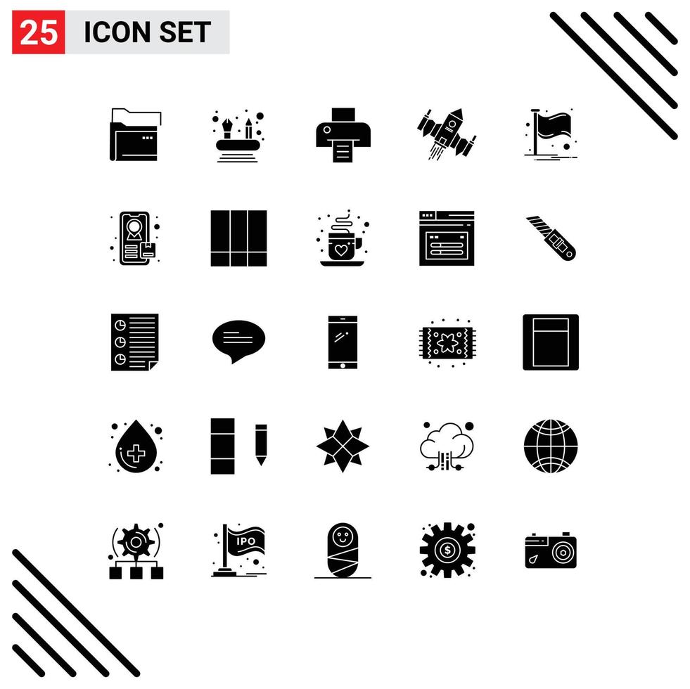 Mobile Interface Solid Glyph Set of 25 Pictograms of notification country printing alien ship Editable Vector Design Elements