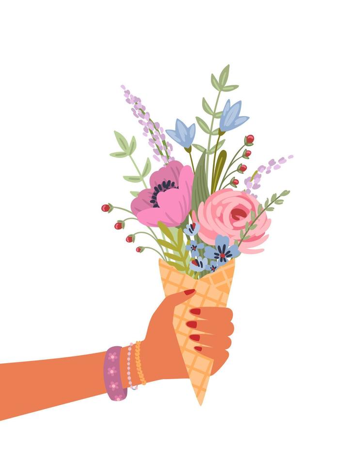 ilustración aislada ramo de flores en mano femenina. concepto de diseño vectorial para vacaciones y otros usos. vector