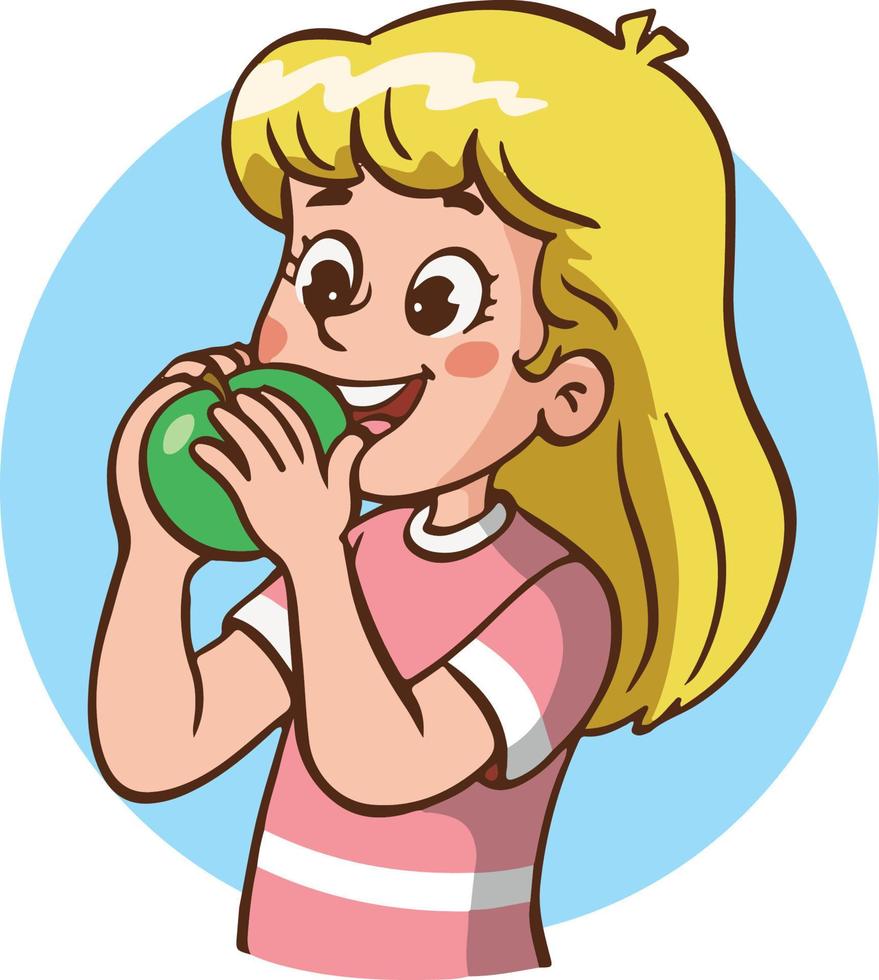 ilustración vectorial caricatura de una niña comiendo manzana verde y mostrando el pulgar hacia arriba. vector