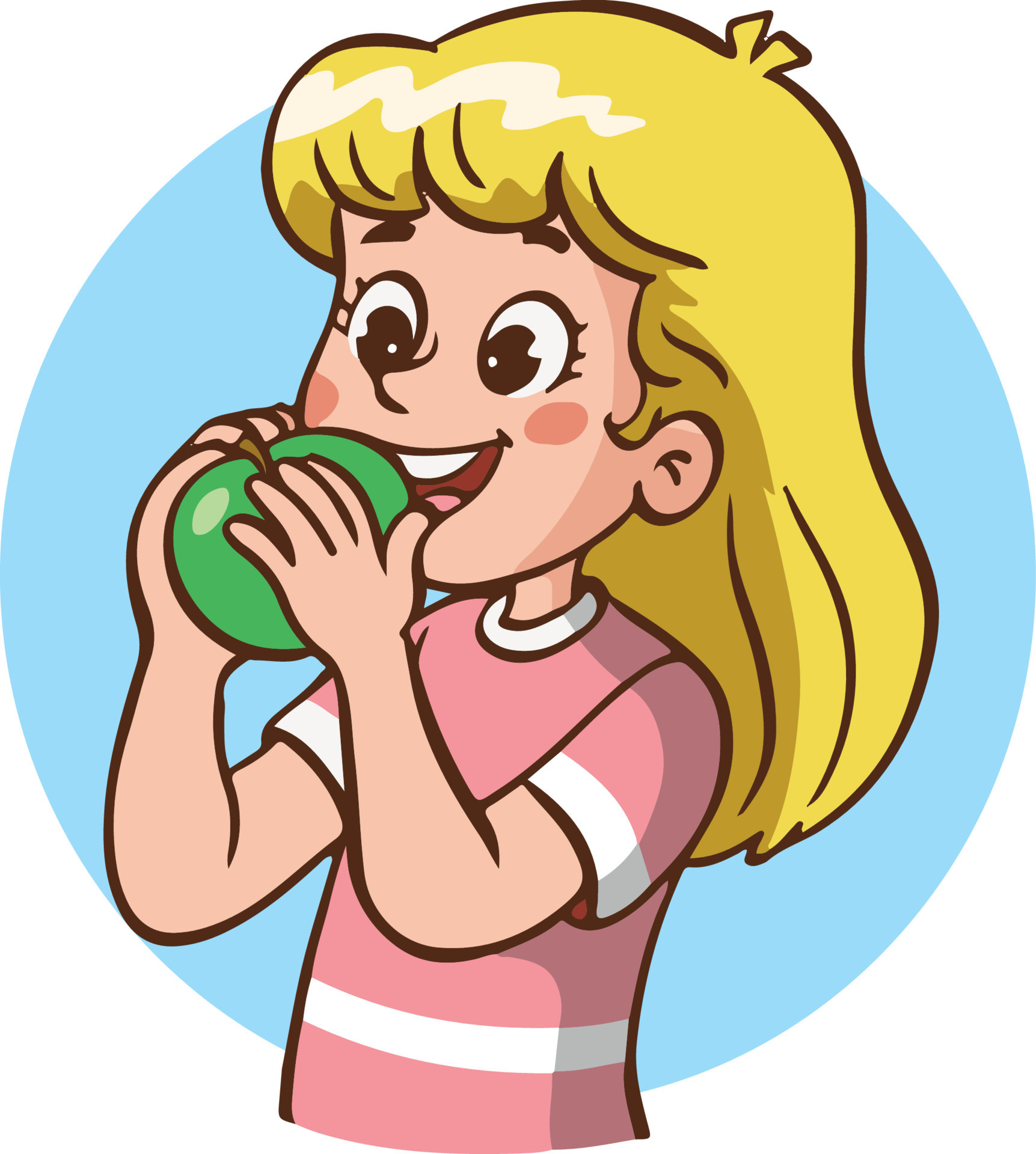 Vector illustration cartoon of a little girl eating green apple and