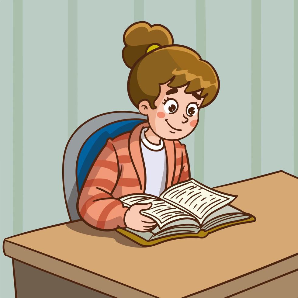 cute girl child reading a book at her desk cartoon vector