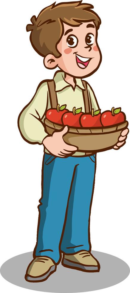 cute boy picking apples with basket cartoon vector illustration