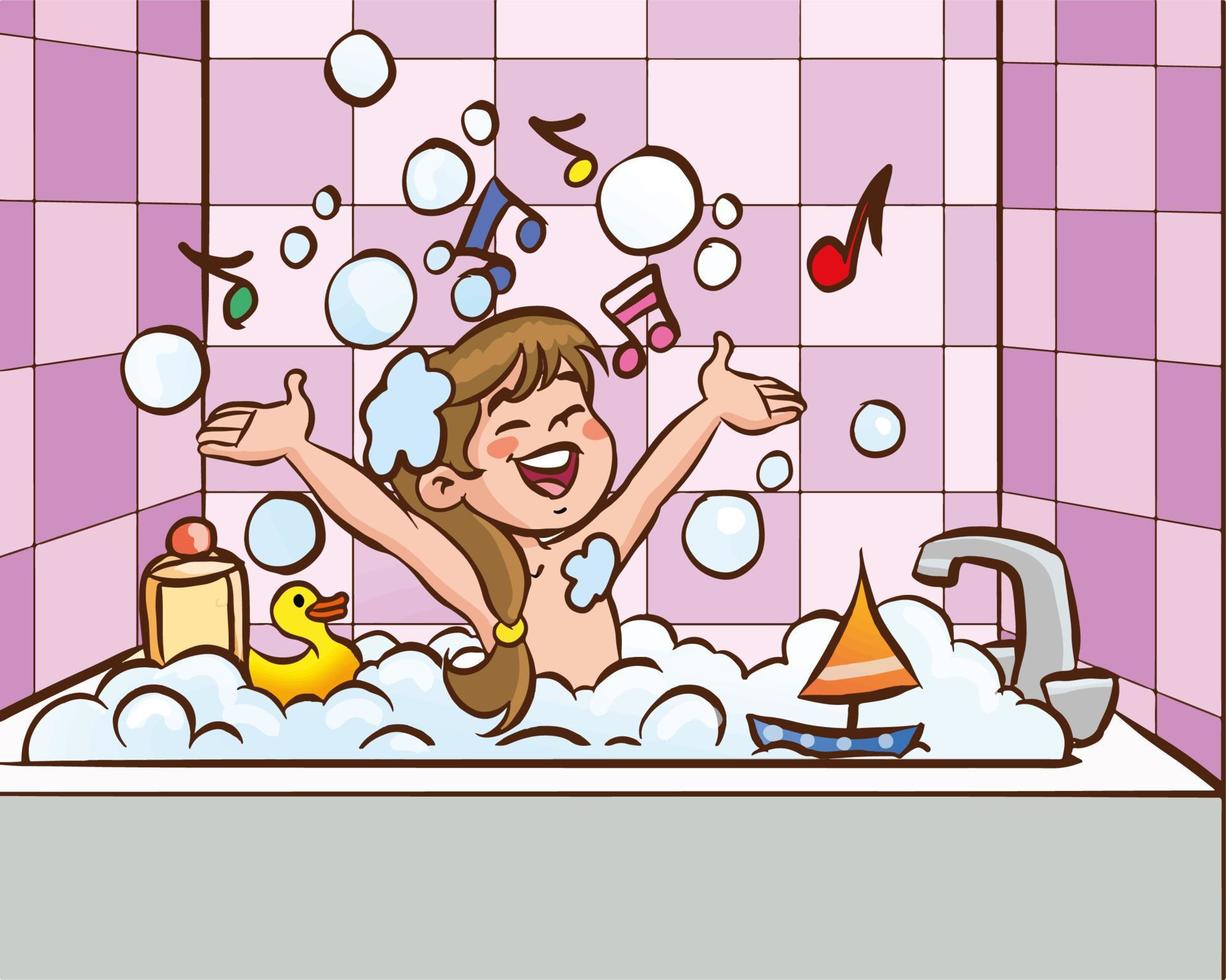 cute little girl taking a bath cartoon vector illustration