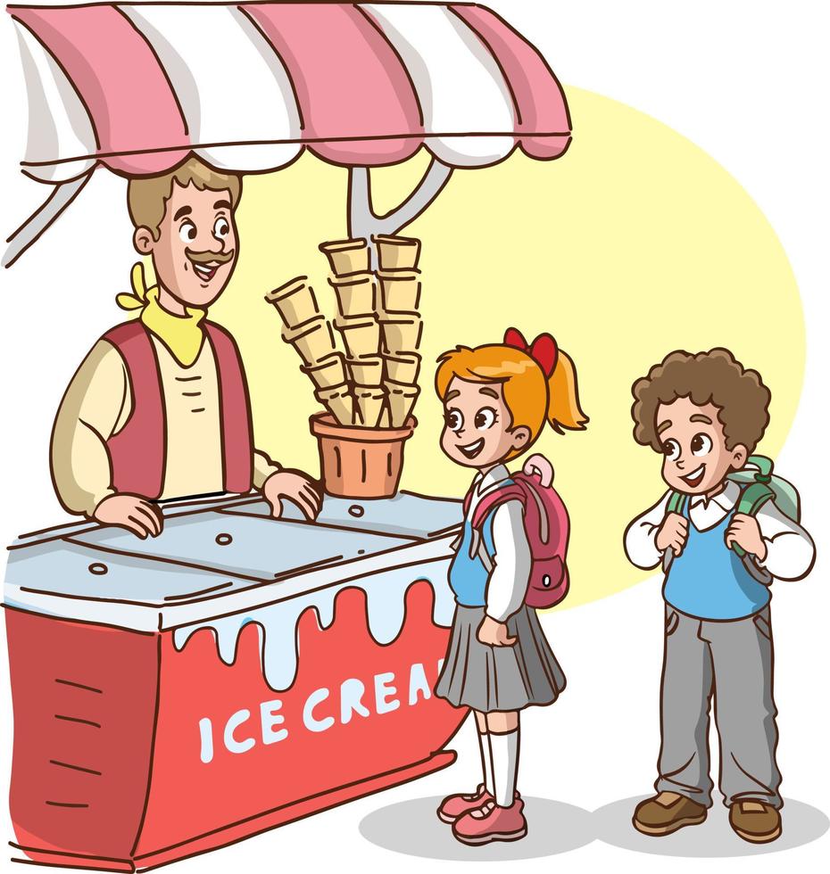 niños comprando helado de la heladería ilustración vectorial de dibujos animados vector