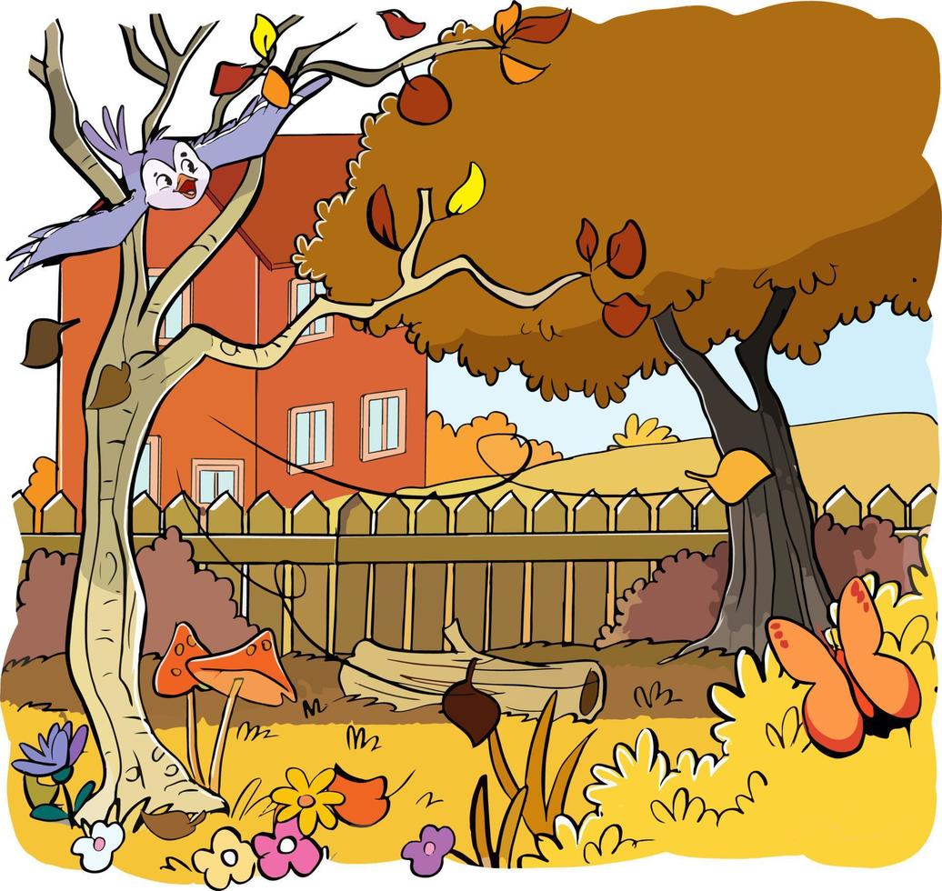 paisaje de otoño hojas volando dibujos animados vector ilustración