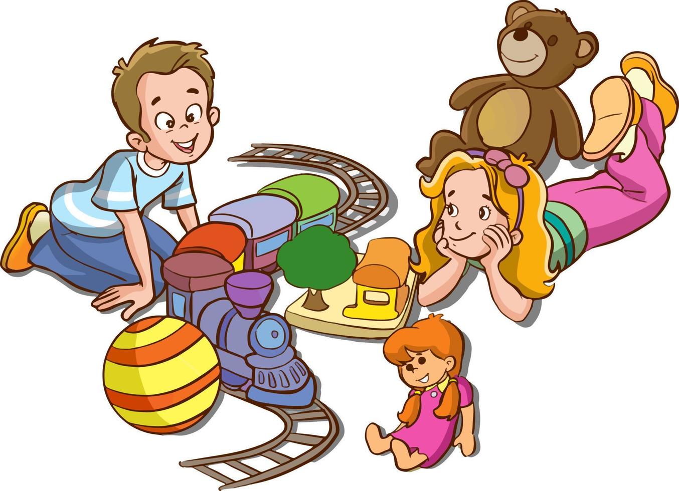 cute little kids playing with toys cartoon vector illustration