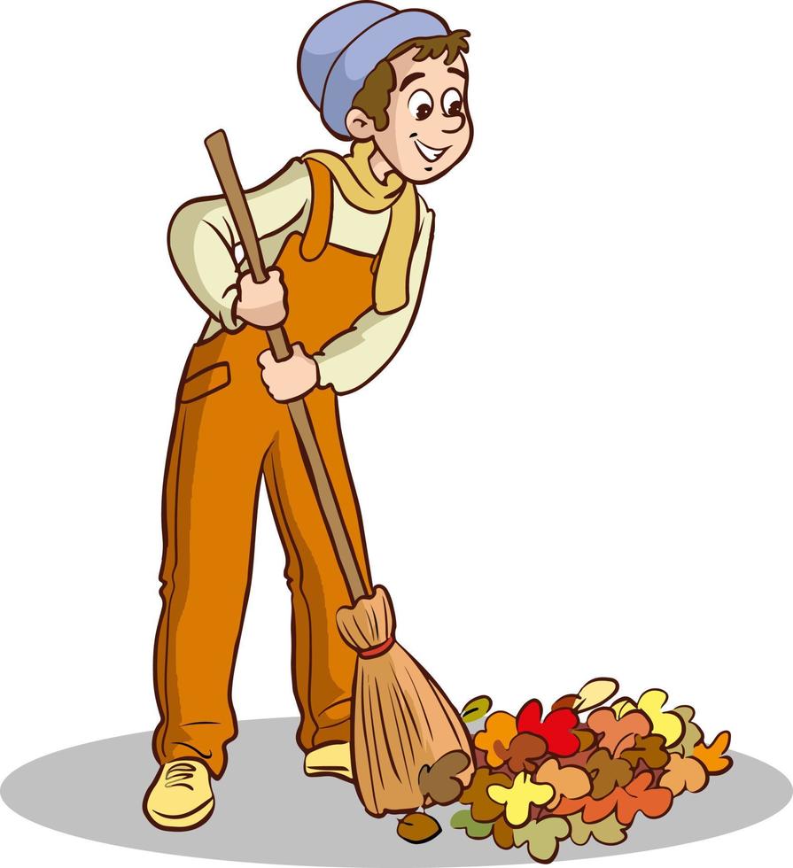 gardener sweeping fallen leaves cartoon vector illustration