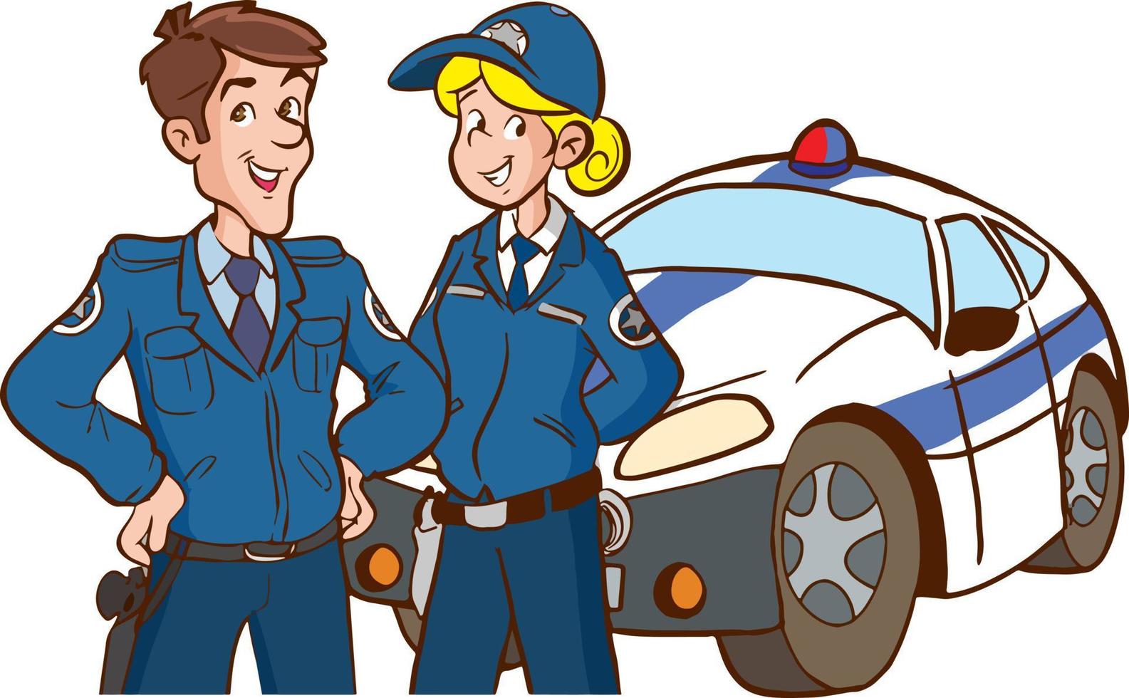 ilustración de vector de dibujos animados de coche de policía y oficial de policía femenino y masculino