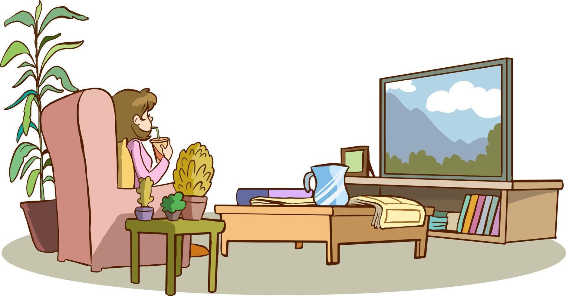 mujer viendo la ilustración de vector de dibujos animados de televisión