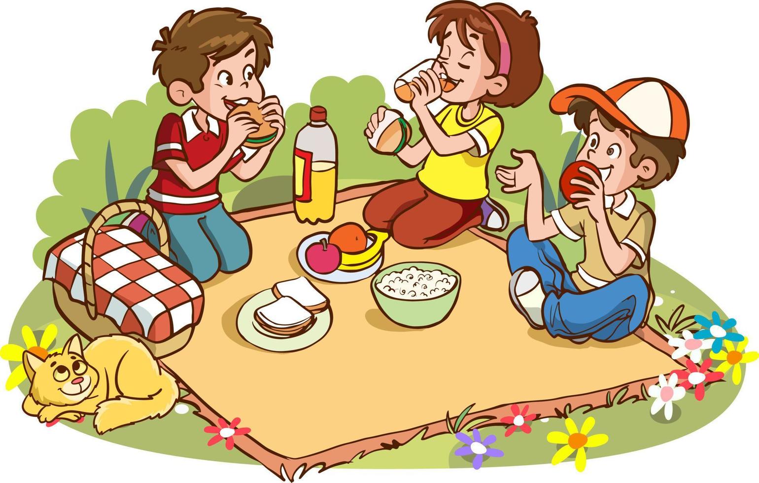 lindos niños pequeños hacen un picnic juntos ilustración vectorial de dibujos animados vector