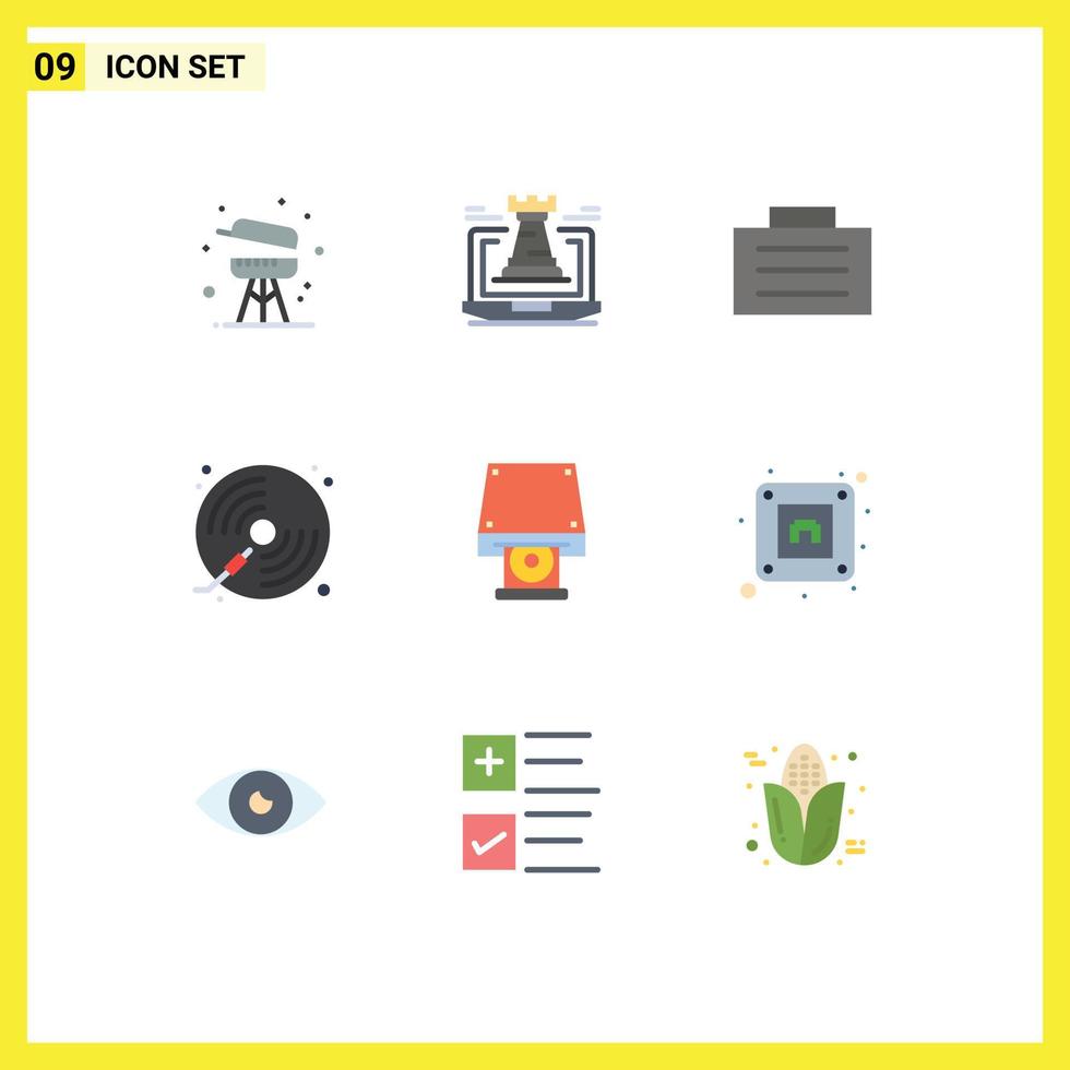 Group of 9 Flat Colors Signs and Symbols for dvd player strategy music disc Editable Vector