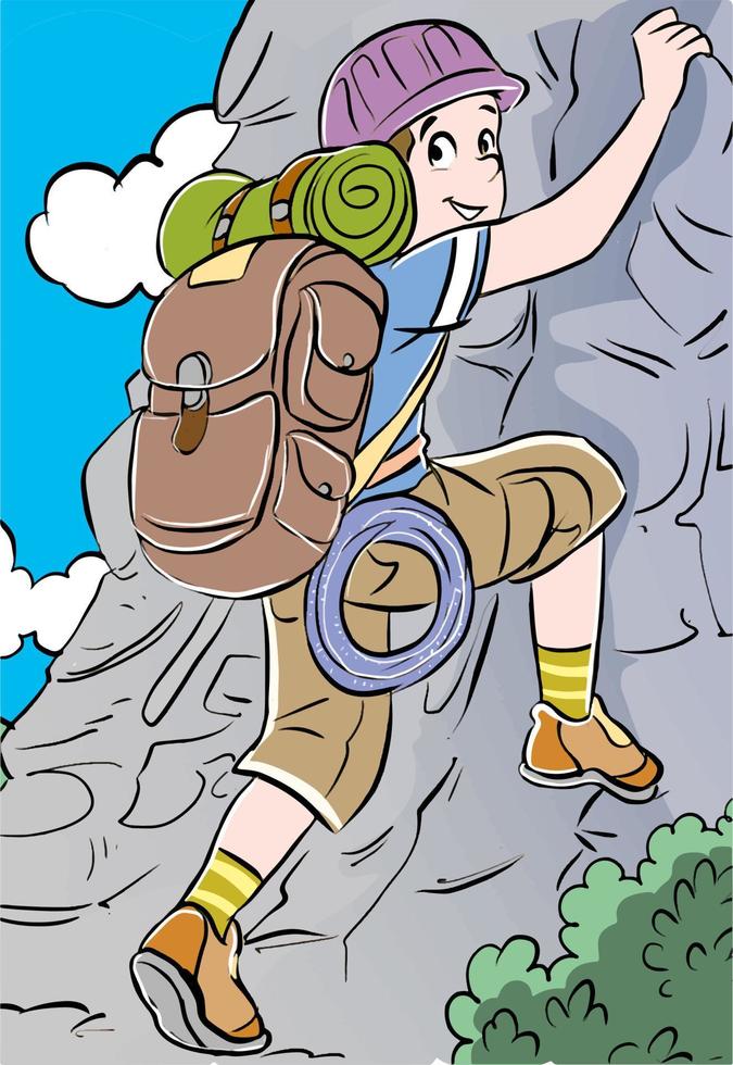 Climber climbs a mountain. Cartoon vector illustration