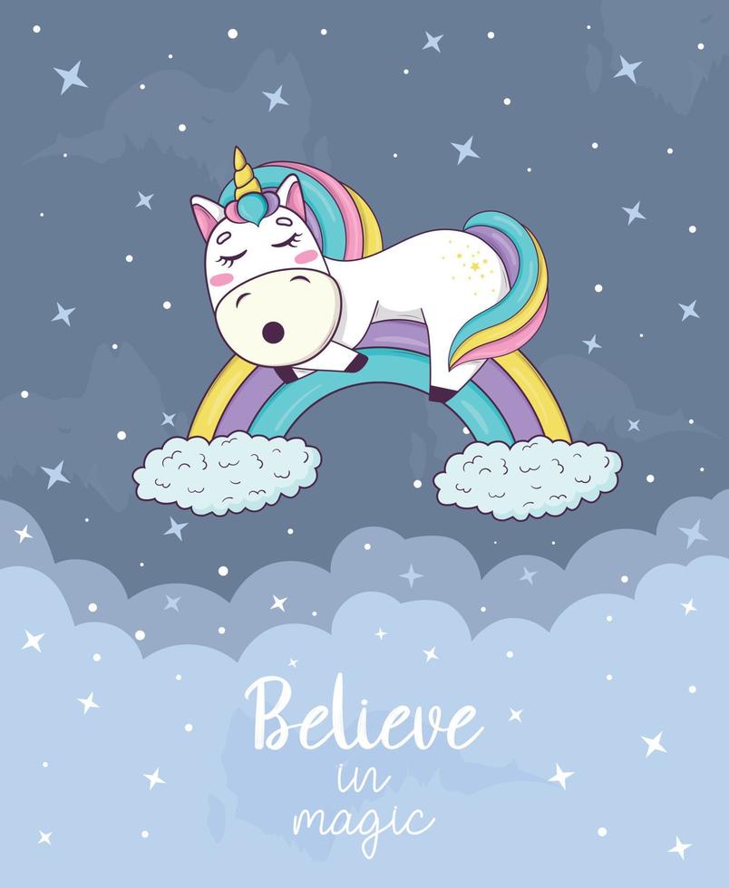 Card with cute kawaii unicorn with rainbow mane and horn in anime style vector