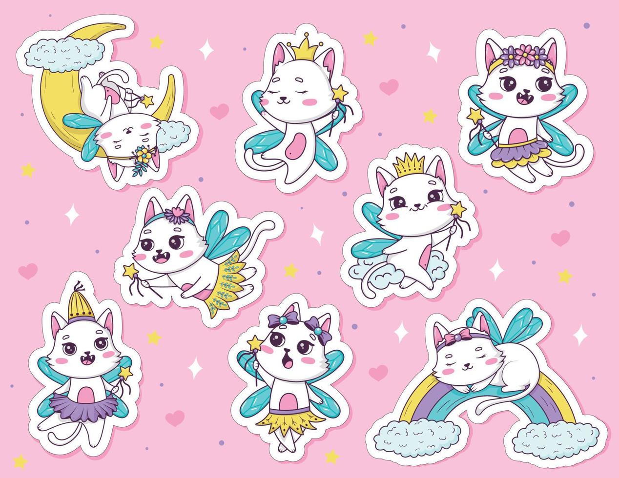 Sticker pack of drawn cute cartoon cats fairy with a magic wand in different poses in doodle style. vector illustration cat character collection