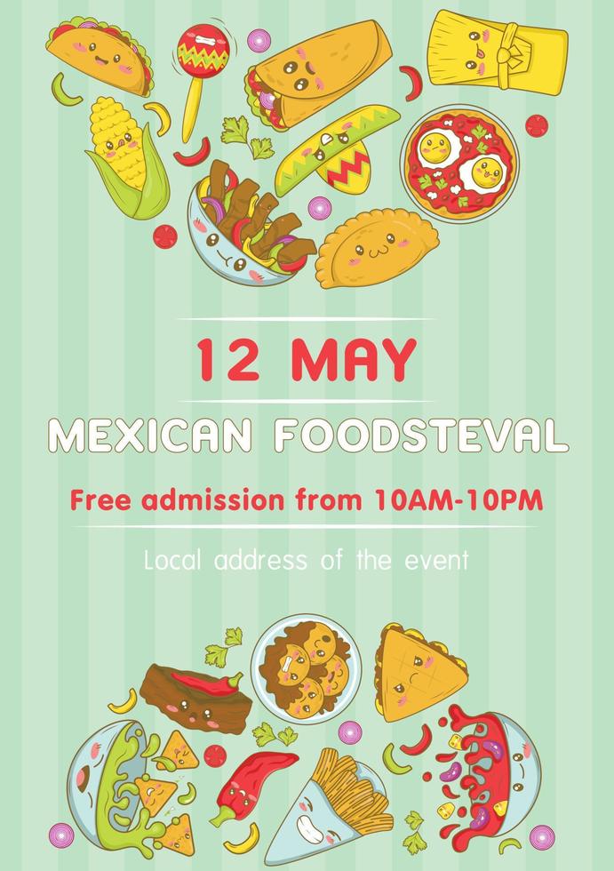 Mexican fast food fair and fisteval template with kawaii food in cartoon doodle style. vector
