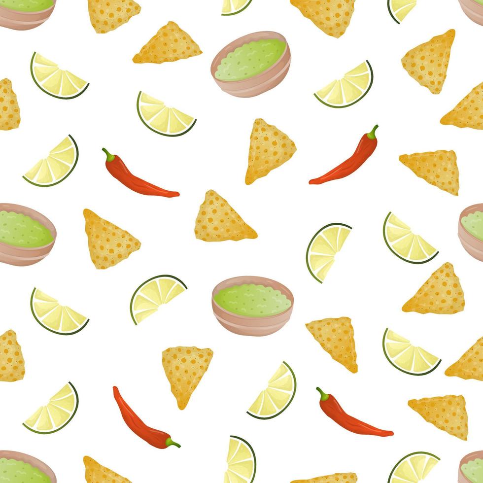 Seamless pattern with mexican food nachos, guacamole, pepper, lemon. Fast food restaurant and street food snacks, meat tortillas, takeaway food delivery vector