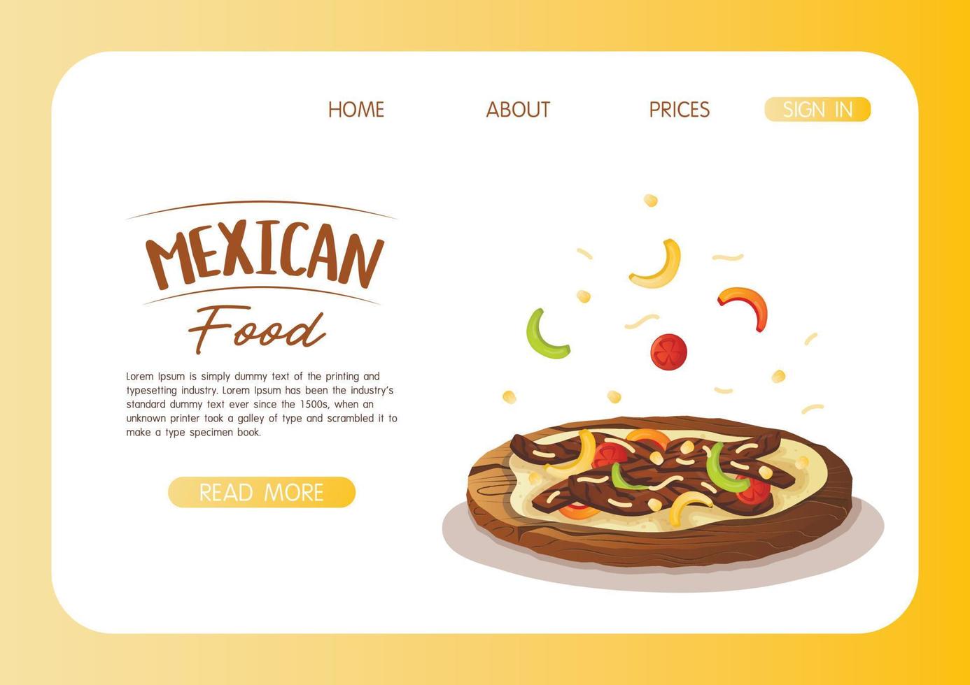 Website landing page template with mexican dish fajita on a wooden tray. Fast food restaurant and street food snacks, meat tortillas, takeaway food delivery vector