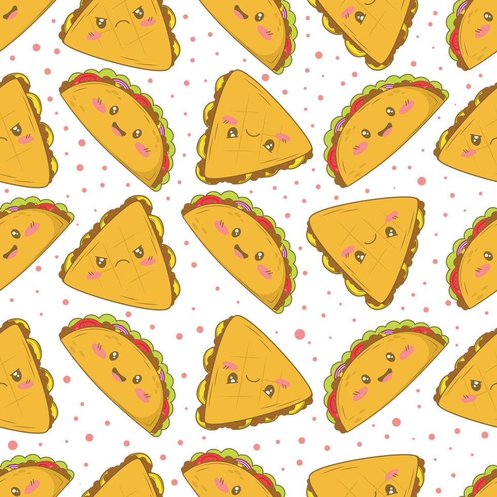 Seamless pattern with mexican tacos and quesadillas with funny faces in doodle cartoon style isolated on white background vector