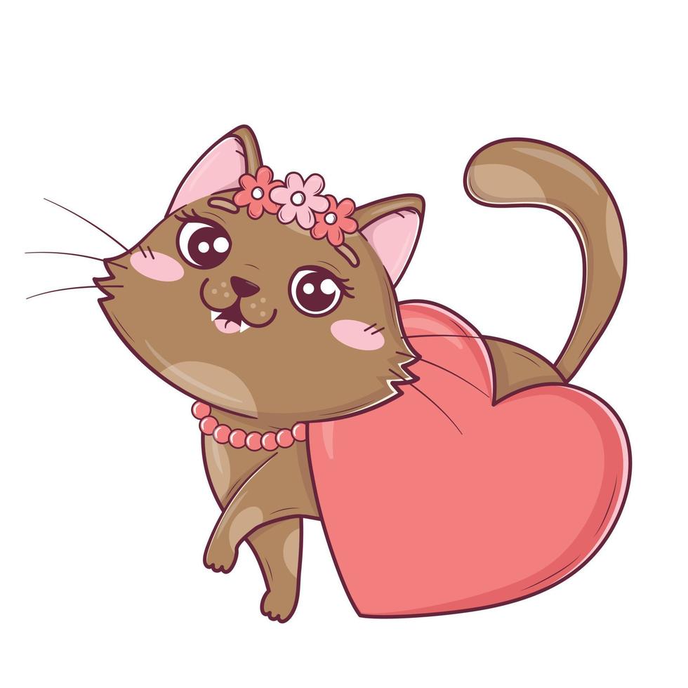 Kawaii cute valentines cat rubbing against a big heart vector