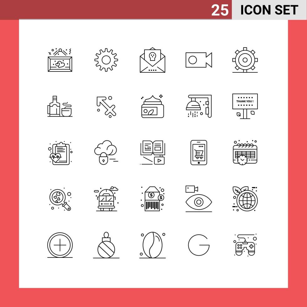 Pack of 25 Modern Lines Signs and Symbols for Web Print Media such as gear video bat letter record horror Editable Vector Design Elements