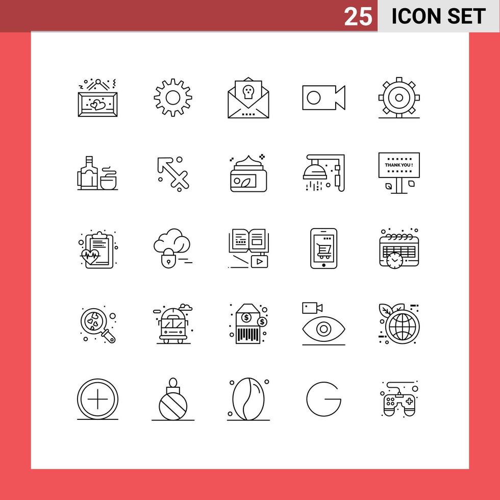 paquete de 25 líneas modernas, signos y símbolos para medios de impresión web, como engranajes, video, bat, carta, registro, horror, elementos de diseño vectorial editables vector