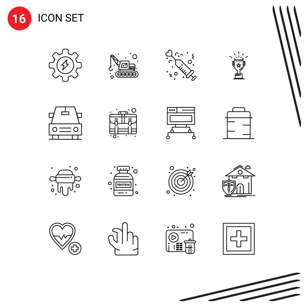 Pack of 16 Modern Outlines Signs and Symbols for Web Print Media such as services car injection trophy medal Editable Vector Design Elements