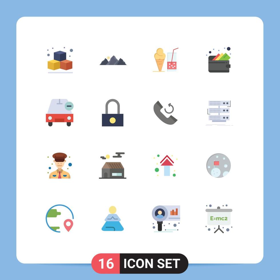 Universal Icon Symbols Group of 16 Modern Flat Colors of minus delete ice cream car money Editable Pack of Creative Vector Design Elements