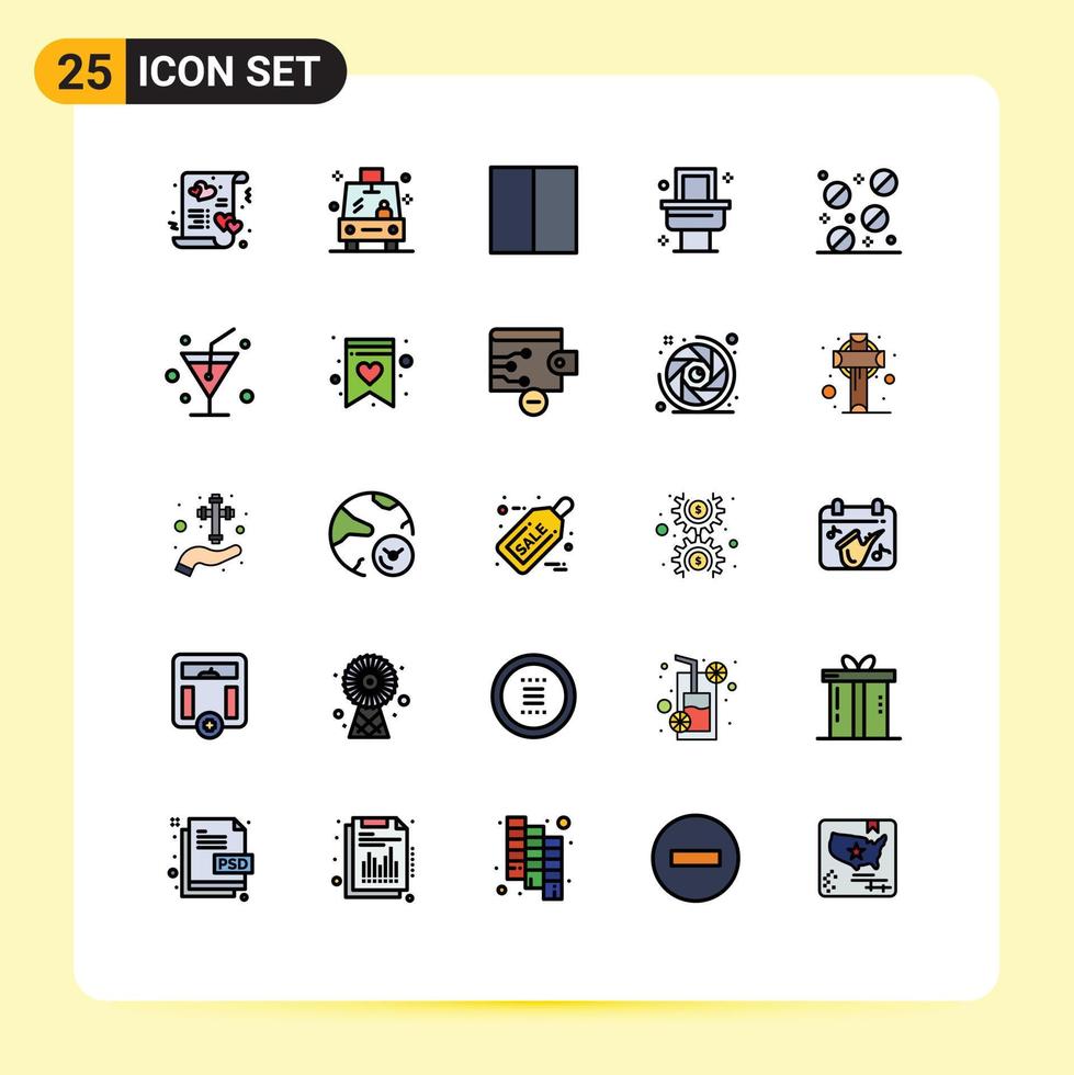 Universal Icon Symbols Group of 25 Modern Filled line Flat Colors of pills room school bath workspace Editable Vector Design Elements