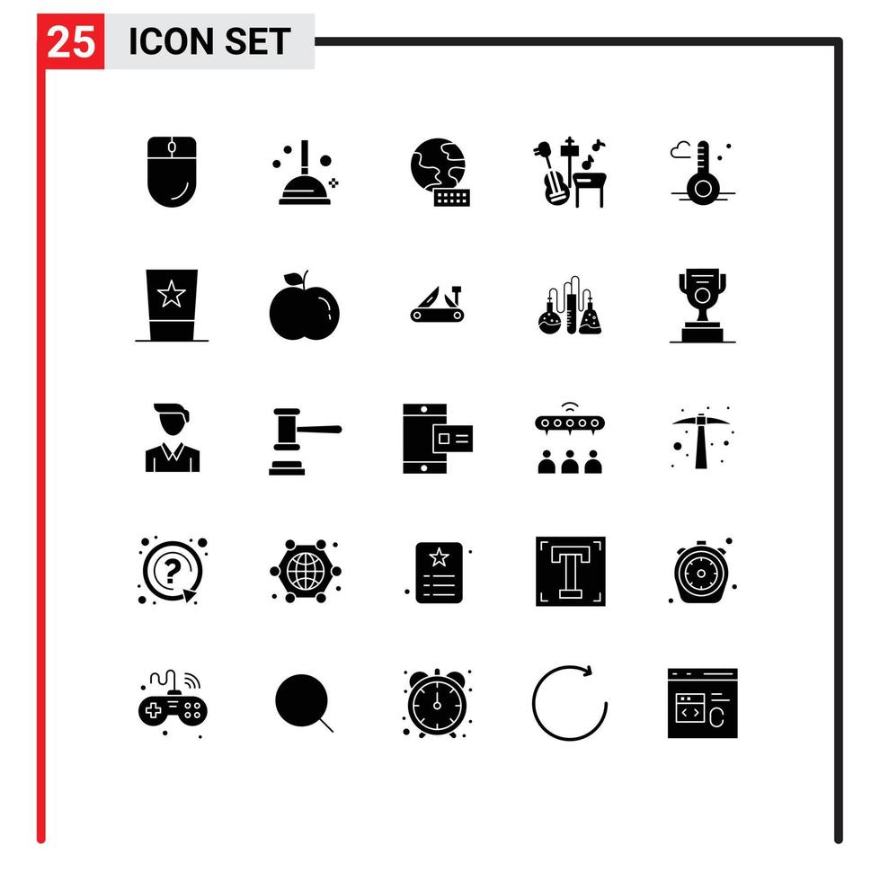 Set of 25 Vector Solid Glyphs on Grid for clothing weather globe thermometer song Editable Vector Design Elements