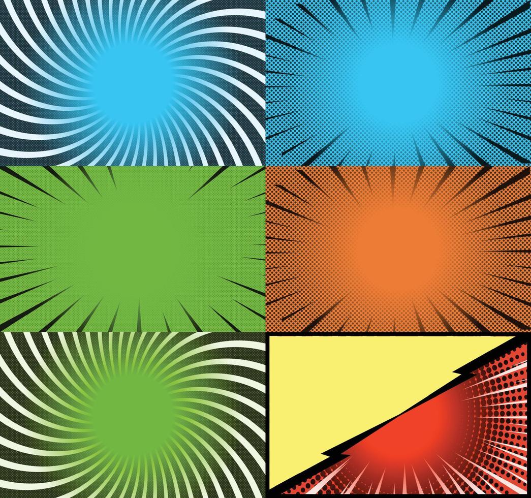 Comic book colorful frames background with halftone rays radial and dotted effects pop art style vector