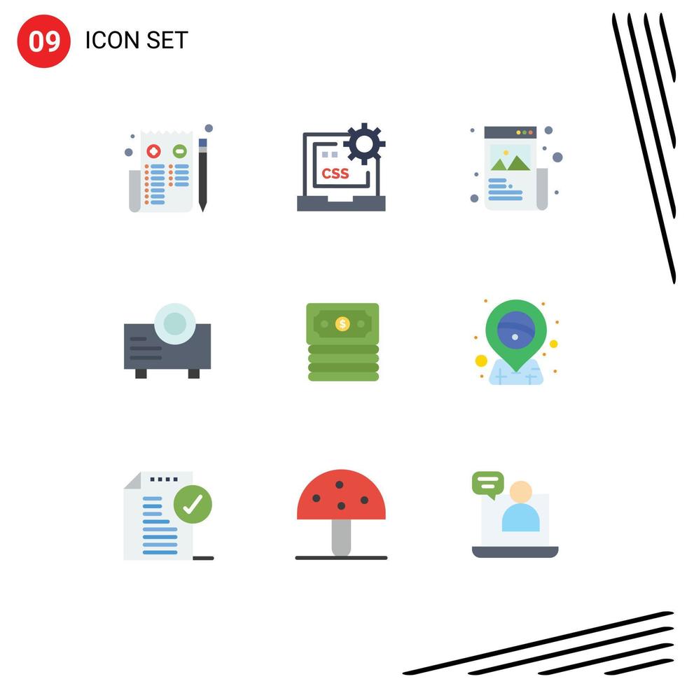 Mobile Interface Flat Color Set of 9 Pictograms of banking presentation development device graphic Editable Vector Design Elements