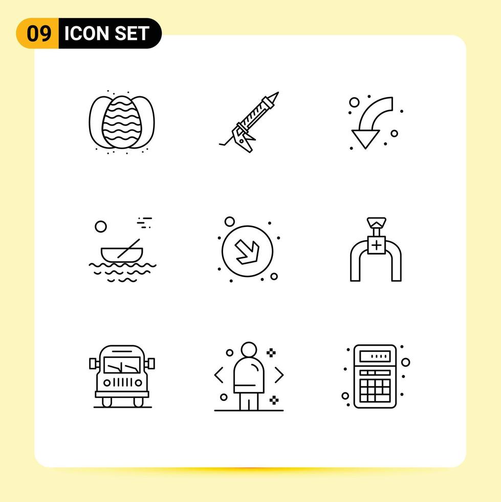 Mobile Interface Outline Set of 9 Pictograms of river canoes utensils boat left Editable Vector Design Elements