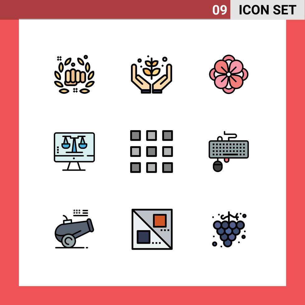 Pack of 9 Modern Filledline Flat Colors Signs and Symbols for Web Print Media such as screen computer give digital law online flower Editable Vector Design Elements