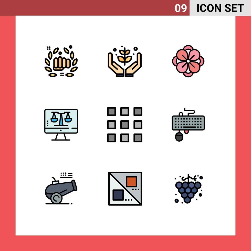 paquete de 9 signos y símbolos de colores planos de línea de relleno modernos para medios de impresión web como computadora de pantalla que dan elementos de diseño de vectores editables de flores en línea de ley digital