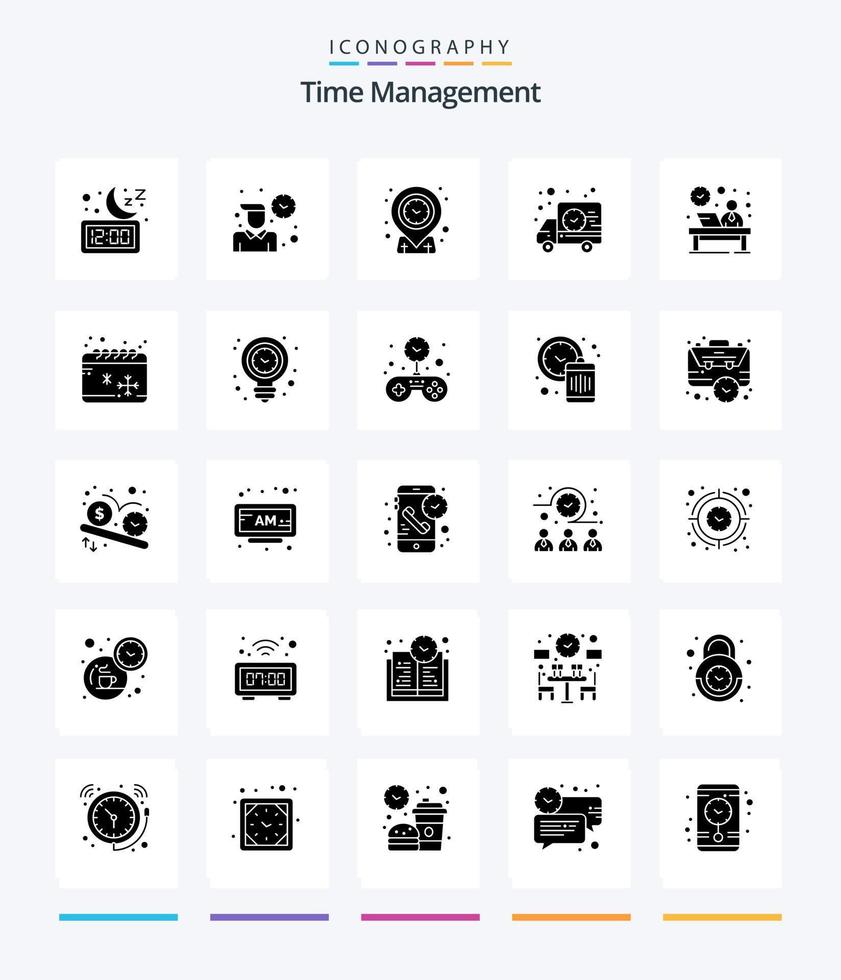 Creative Time Management 25 Glyph Solid Black icon pack  Such As desk. time. working. shipping. time vector