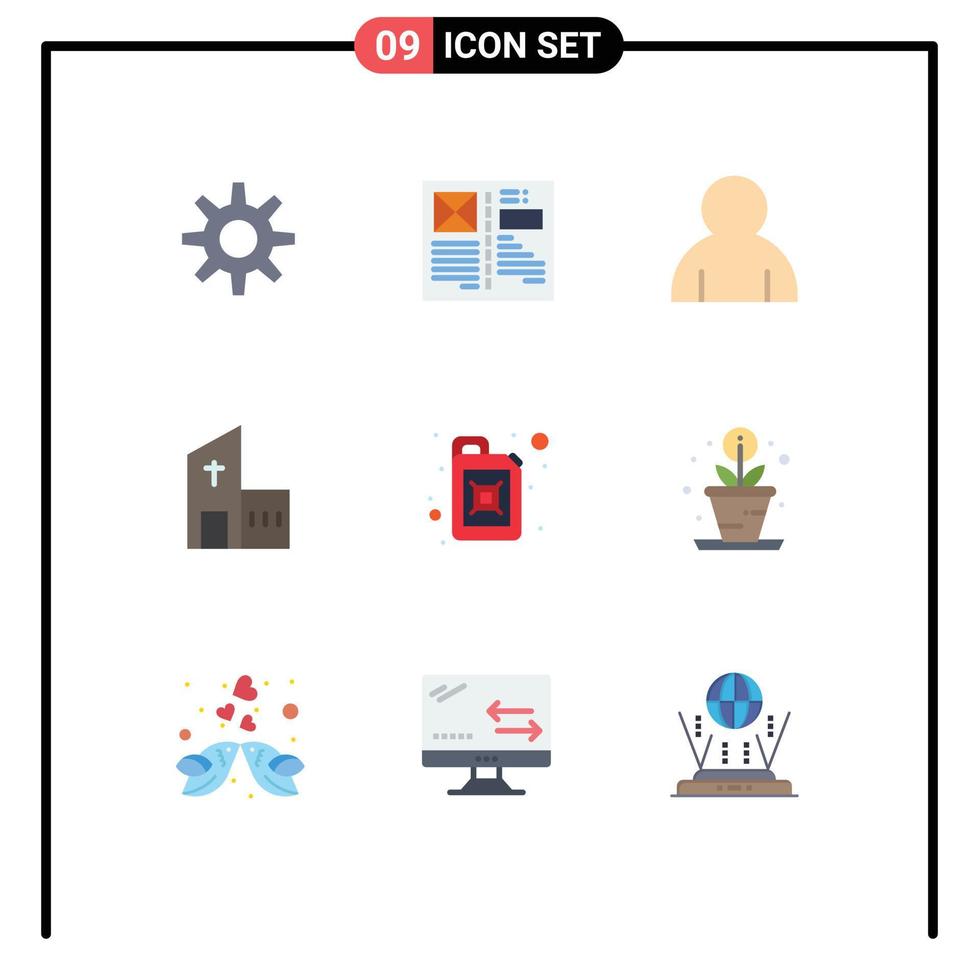 9 User Interface Flat Color Pack of modern Signs and Symbols of gasoline monastery human modern christian Editable Vector Design Elements