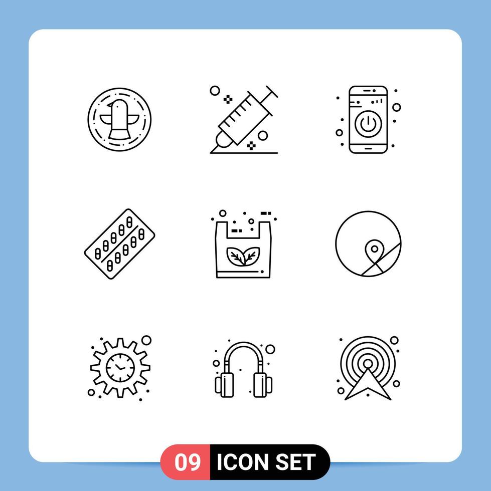 Mobile Interface Outline Set of 9 Pictograms of packet drugs tool pill turn on Editable Vector Design Elements