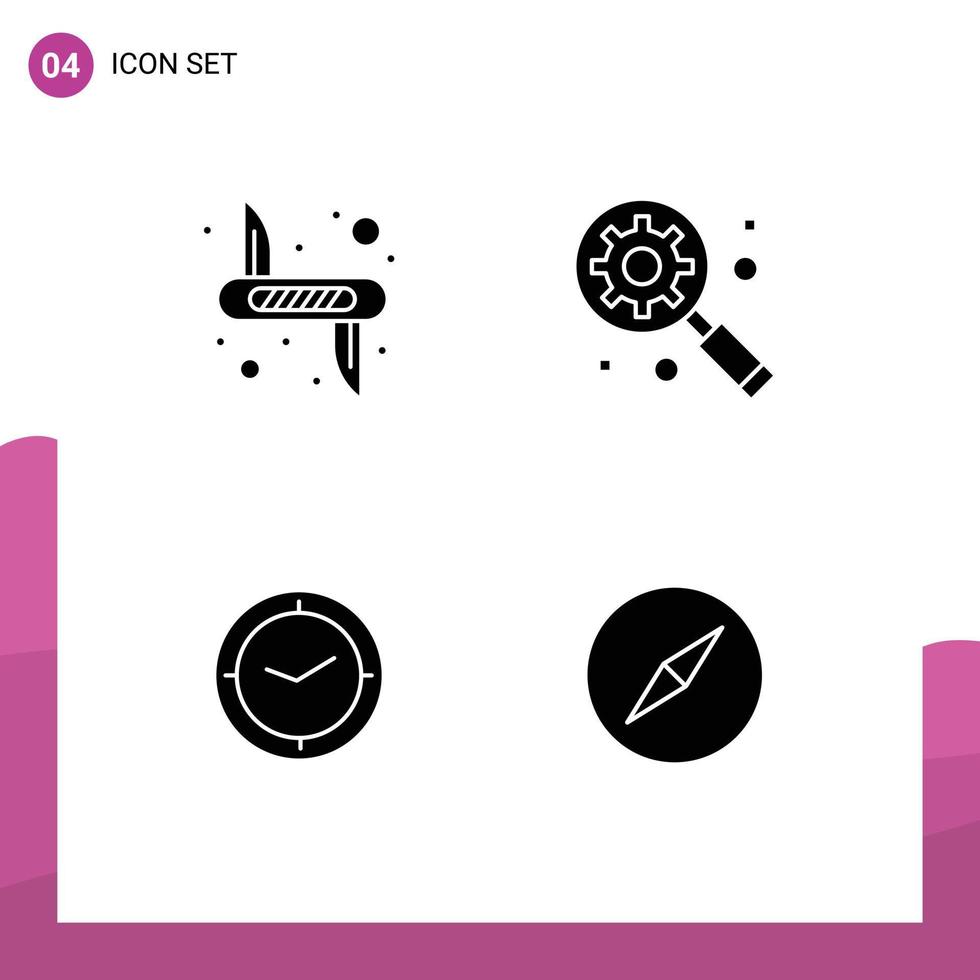 Group of 4 Modern Solid Glyphs Set for knife time army gear under magnifier clock Editable Vector Design Elements